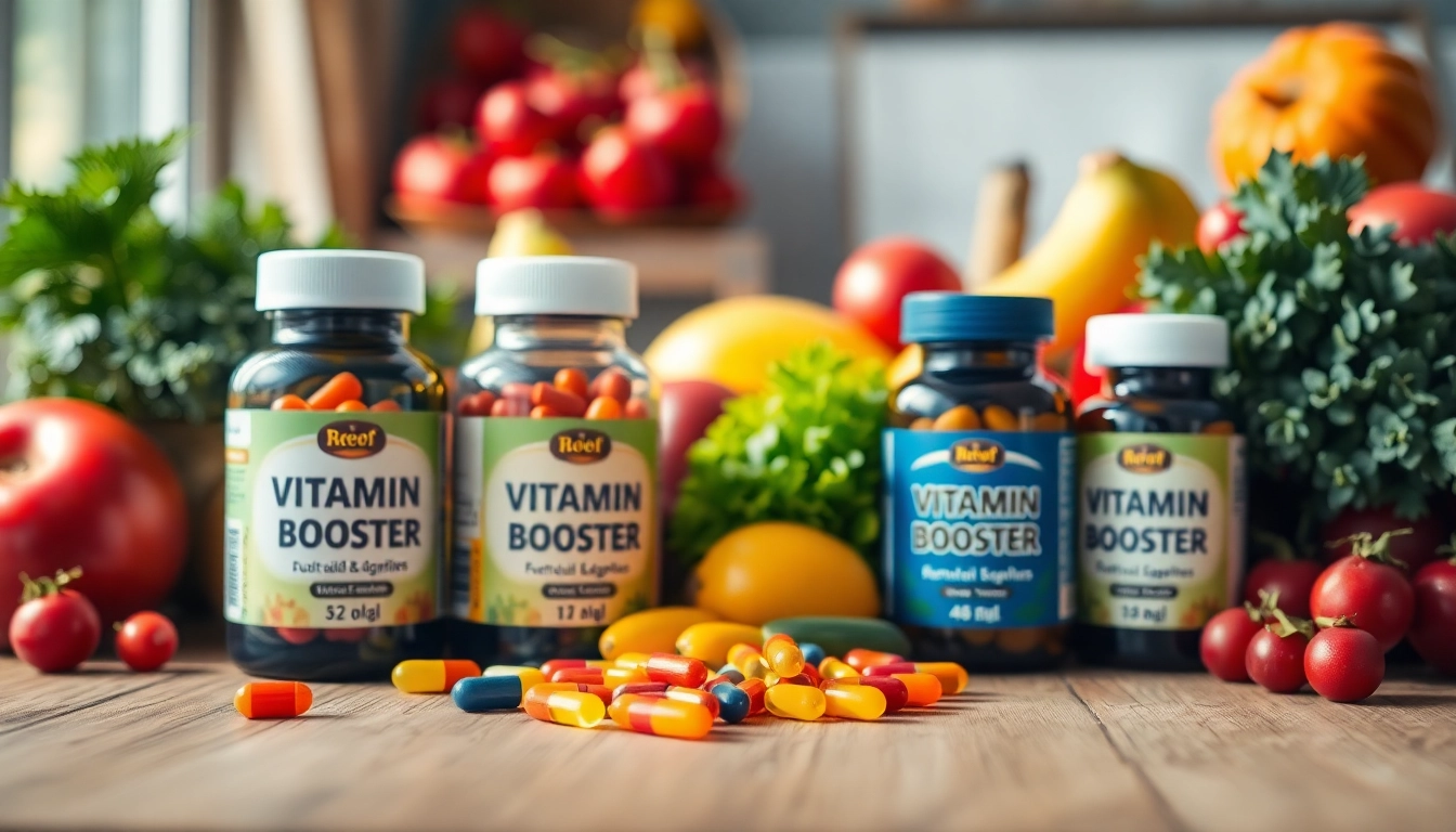 Promote Vitamin Boosters with vibrant capsules and fresh produce on a wooden table.