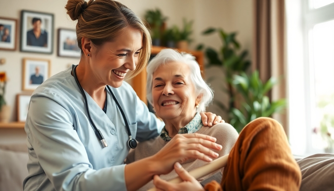 Providing senior care austin tx with a caregiver assisting a smiling senior in a warm home environment.