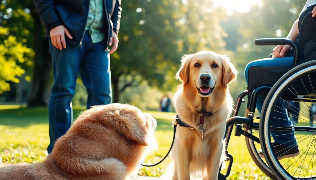 Capture the moment when a trained service dog assists a person, illustrating how to get a service dog.