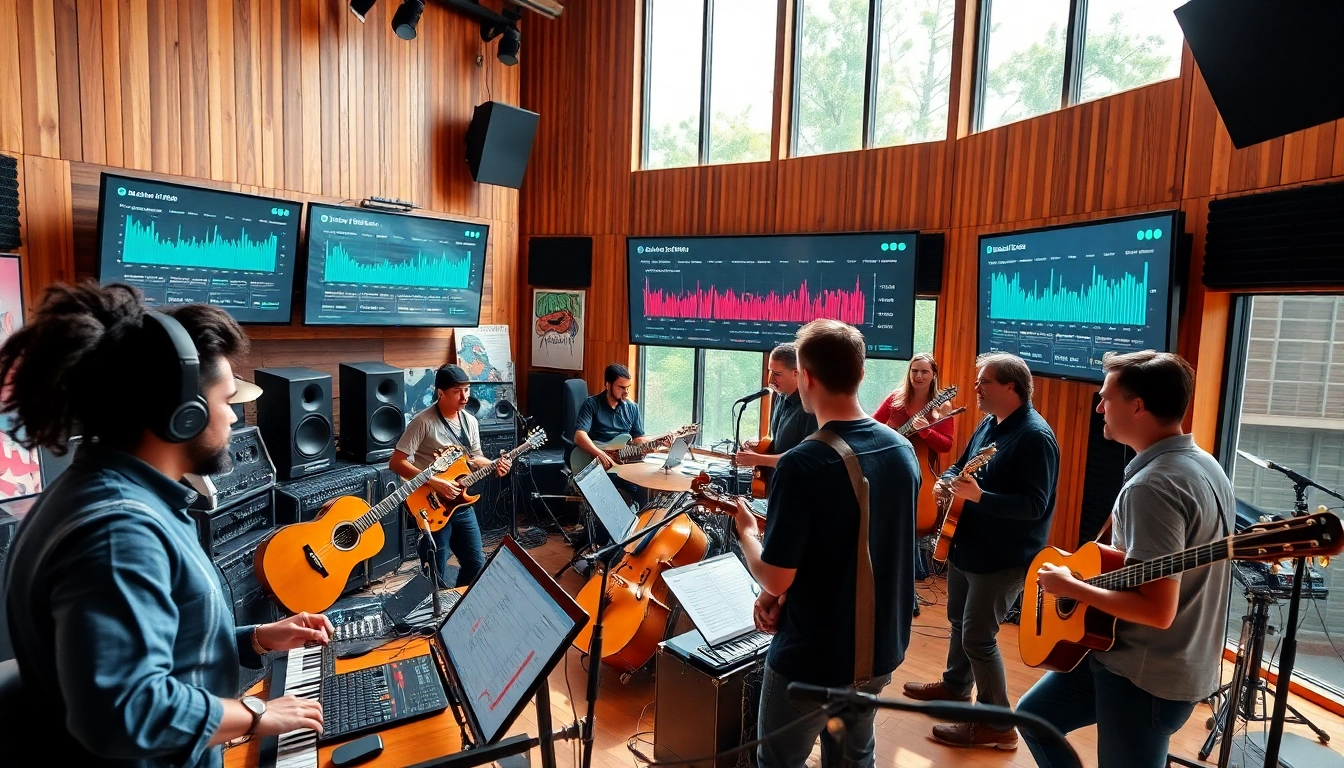 Musicians collaborating in a vibrant environment focused on spotify promotion with advanced studio equipment.