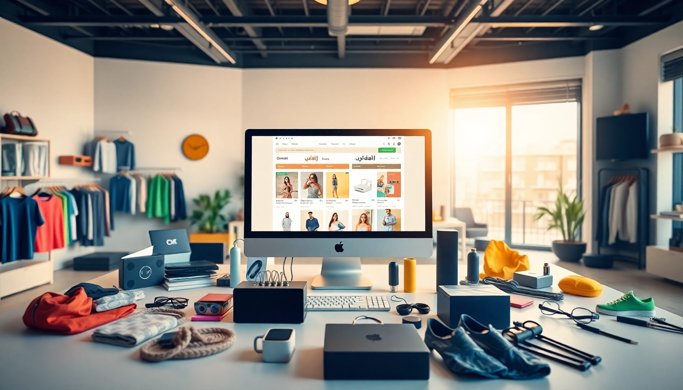 يستعرض متاجر عربية متنوعة عبر واجهة متجر إلكتروني تفاعلي مليء بالمنتجات المختلفة.