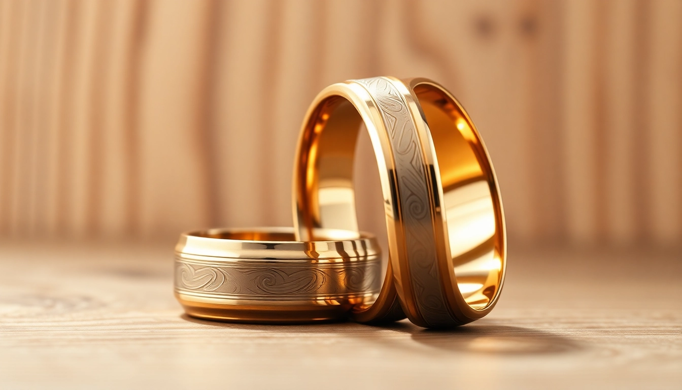 Showcase of elegant men's wedding rings with intricate designs and smooth textures.