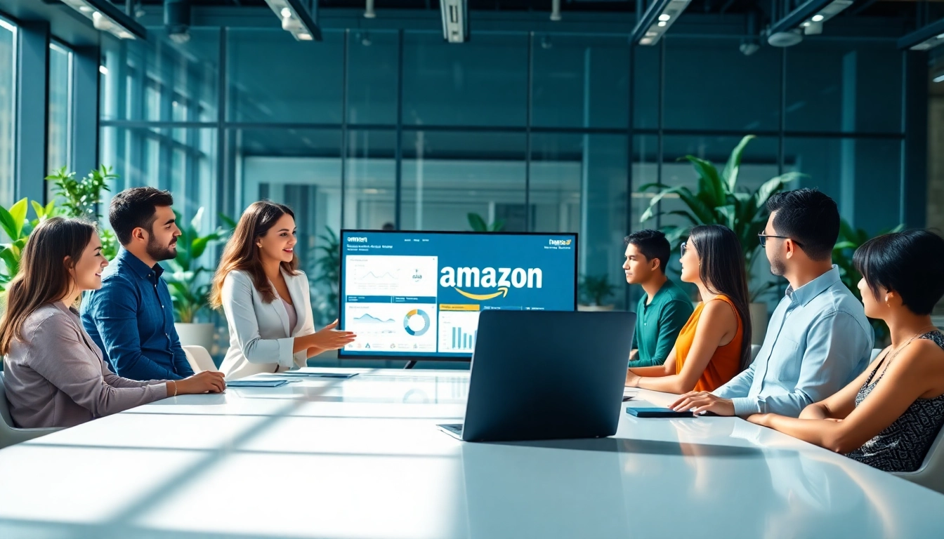 Visual representation of the Amazon company overview highlighting teamwork in a modern office space.