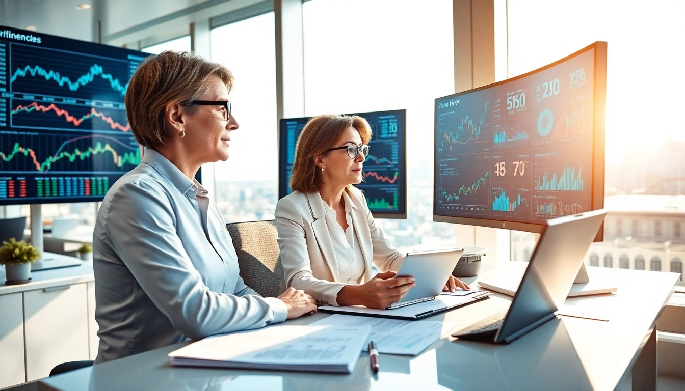 Analyze artificial intelligence stock picks through a professional review of financial charts in a modern office.