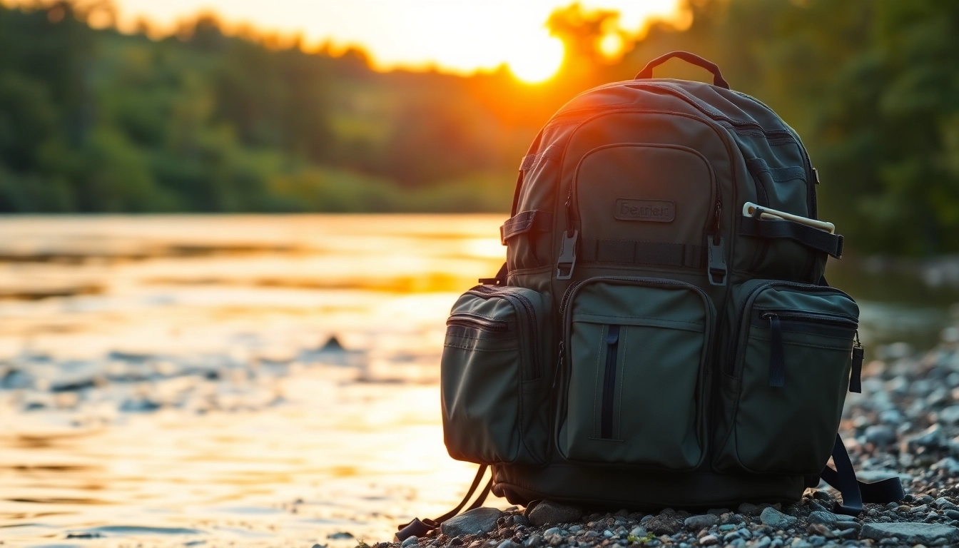 Organize your fishing gear with a versatile fly fishing backpack set against a tranquil river backdrop.