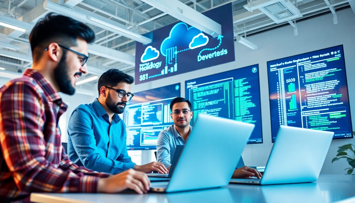 Developers engaging in Cloud infrastructure and DevOps services collaboration in a modern office environment.