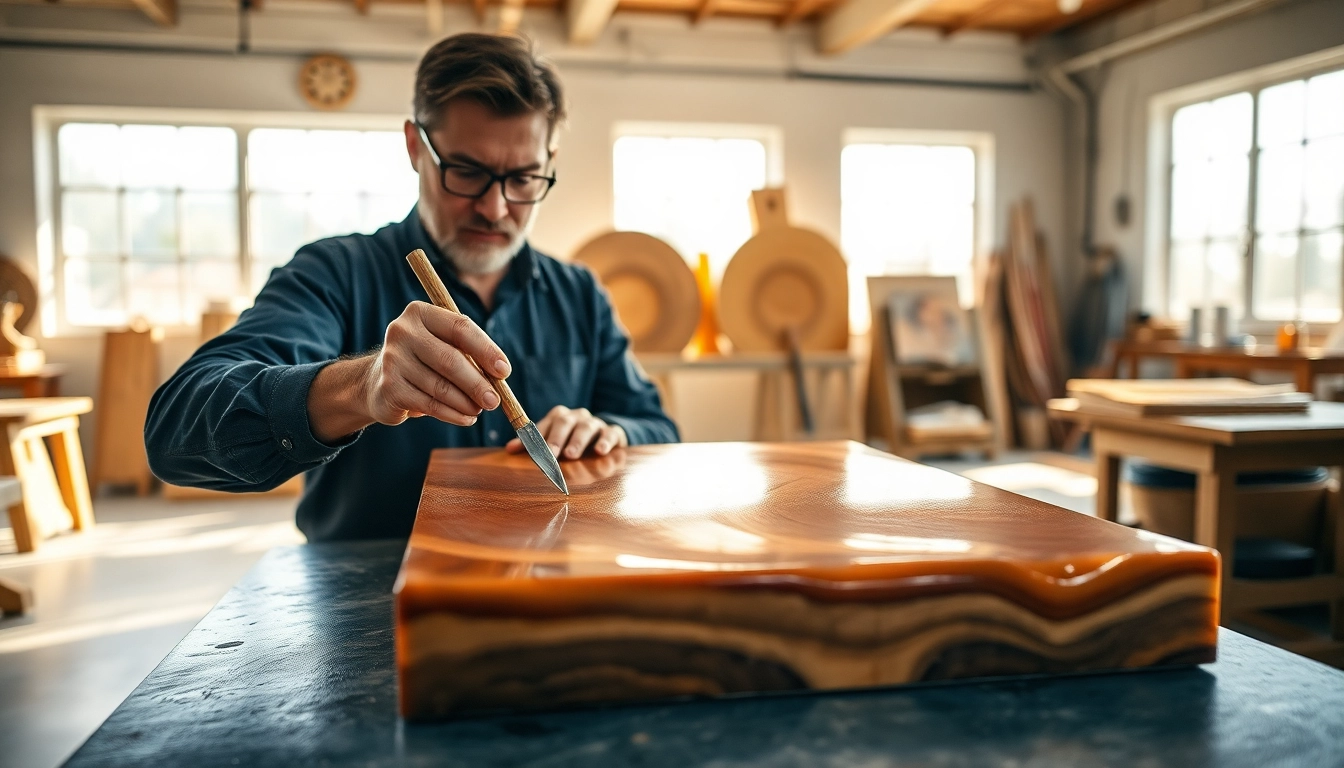 Applying laminating resin in a bright workshop, emphasizing detail and craftsmanship.
