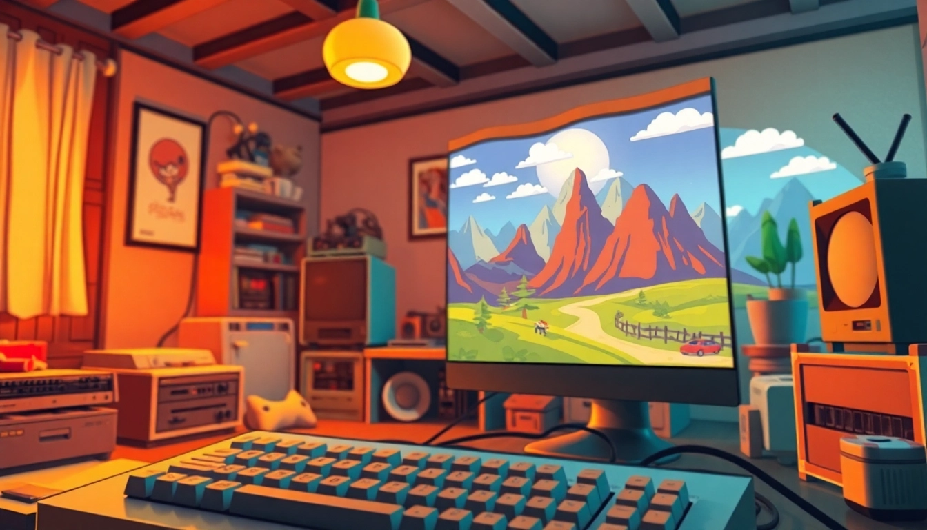 Play retro DOS games download, featuring nostalgic graphics in an inviting gaming room setting.