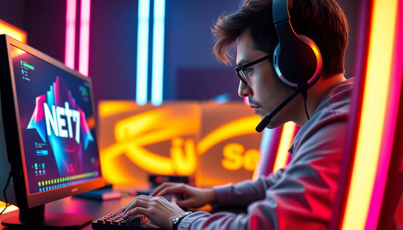 Menampilkan gamer yang terfokus memainkan net77 game dengan perangkat canggih dan pencahayaan berwarna-warni.