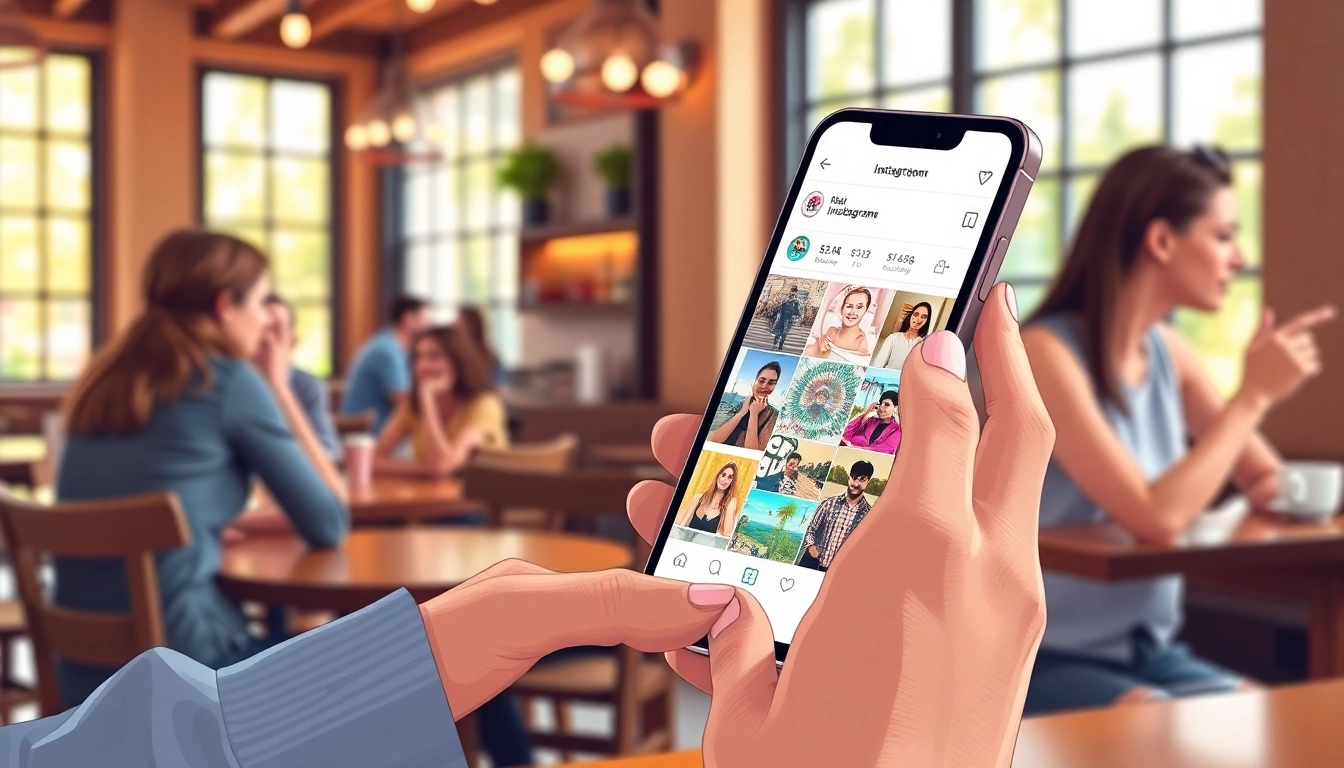 View Instagram stories anonymously on a smartphone in a cozy cafe atmosphere.