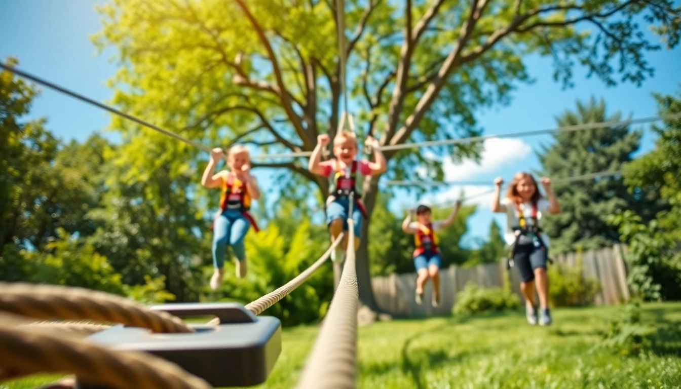 Family enjoying the thrills of a ZIP WIRE KIT in a sunny backyard adventure.