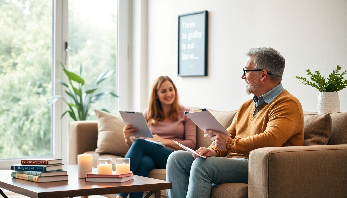 Relationship coach engaging with a couple in a calming office setting, fostering open communication.