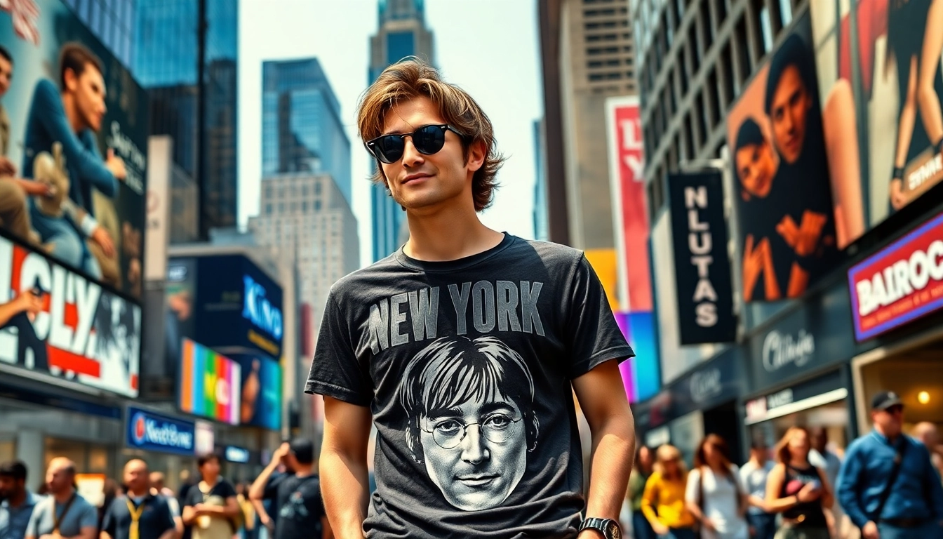 Model sporting a john lennon new york shirt against a vibrant NYC backdrop, exuding urban energy.