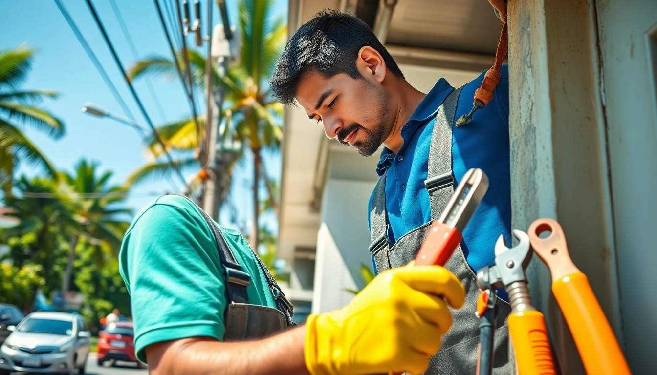 Handyman conducting urgent repair Phuket work on a home, showcasing tools and local environment.