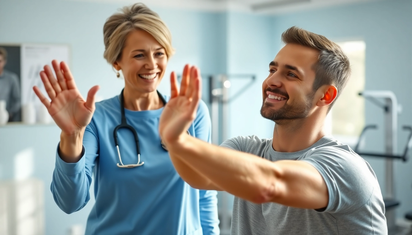 Engaging physiotherapy near me session with a patient and a therapist in a bright clinic.