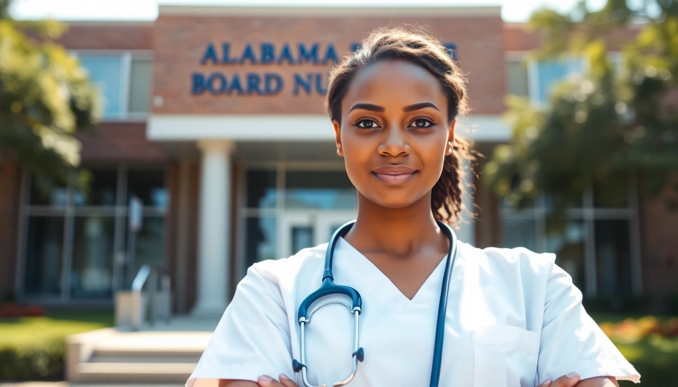 Empowered nurse in front of the Alabama Board of Nursing, illustrating professionalism and dedication to healthcare.