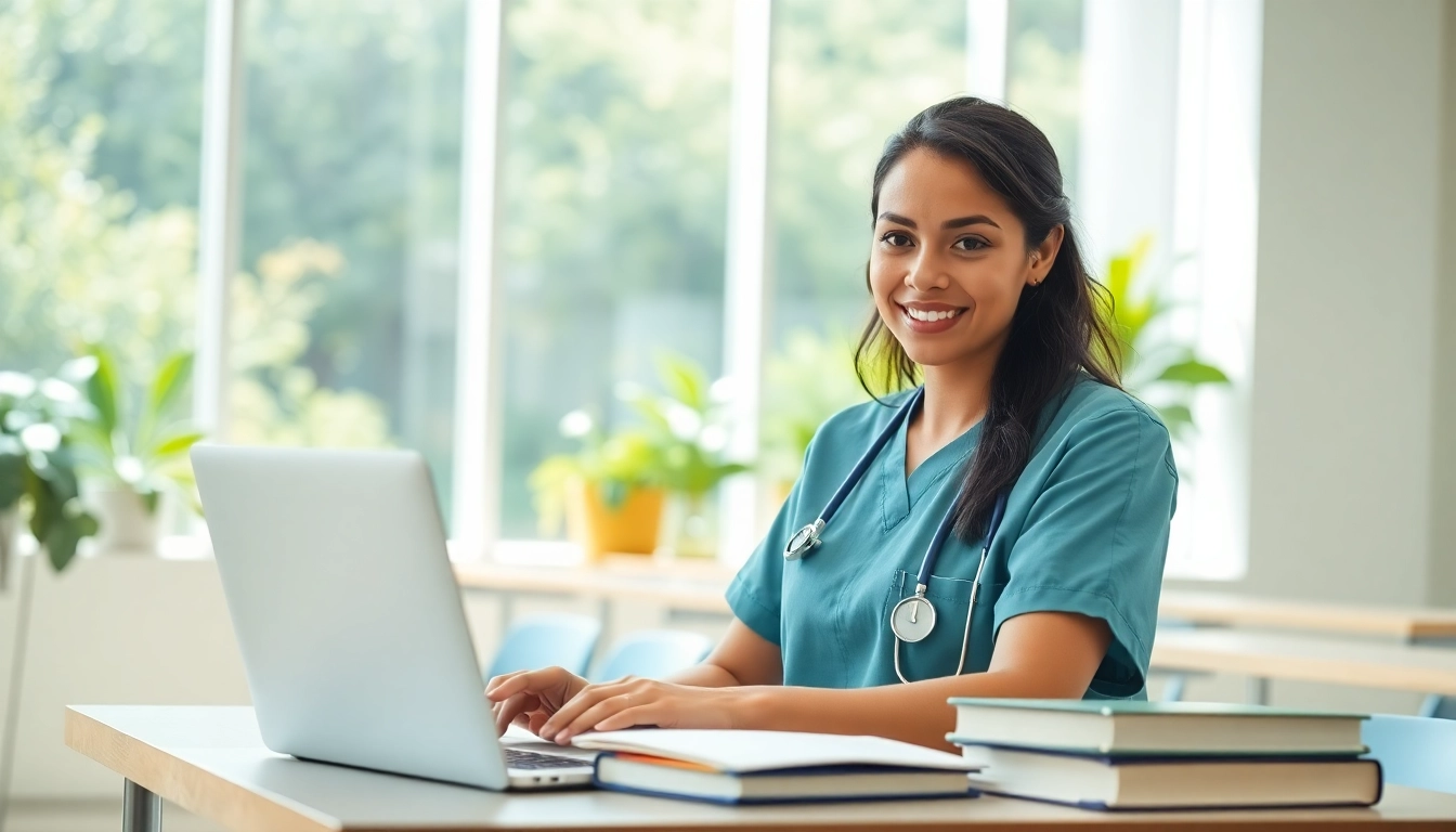 Nursing Continuing Education online session with a focused nurse in a professional environment.