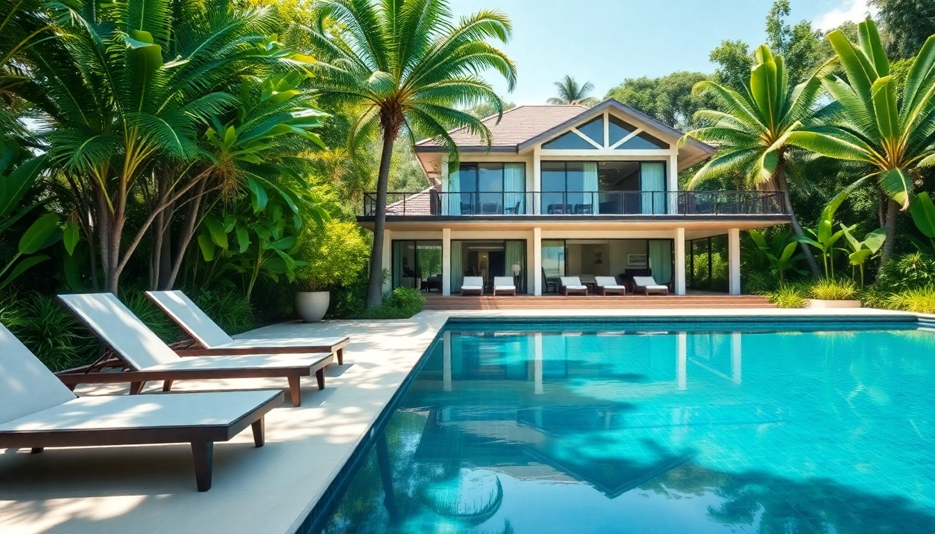 Property management koh samui showcasing a luxurious villa amidst tropical surroundings and a serene pool area.