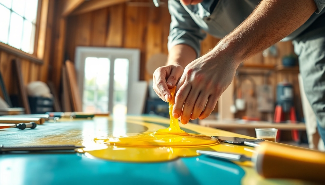 Laminating resin application showcased by a skilled technician mixing materials in a bright workshop.