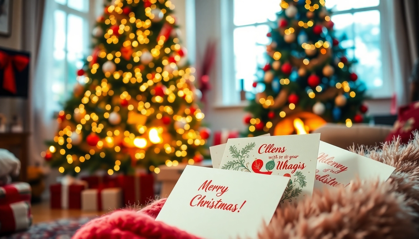 Showcasing vibrant next day Xmas cards around a decorated Christmas tree in a cozy living room.