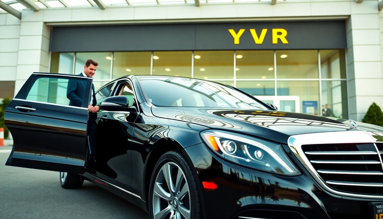 Luxury car service YVR with a chauffeur welcoming a passenger at Vancouver International Airport.