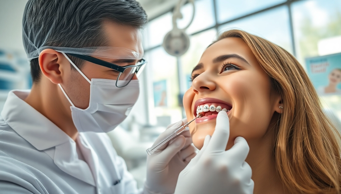 Orthodontics treatment in progress with a patient receiving adjustments to braces in a bright clinic.