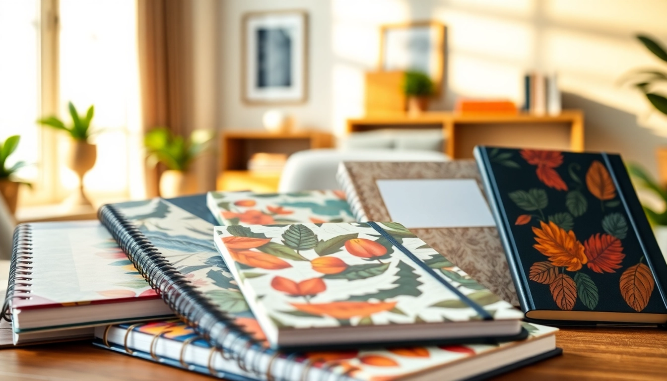 Showcase high-quality custom notebooks with unique designs in a professional workspace.