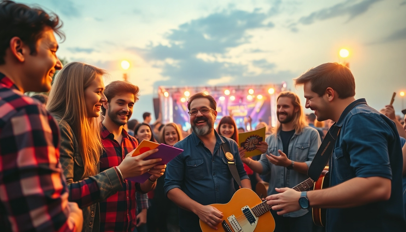 Engaged musicians using music promotion services at a lively outdoor concert while interacting with fans.