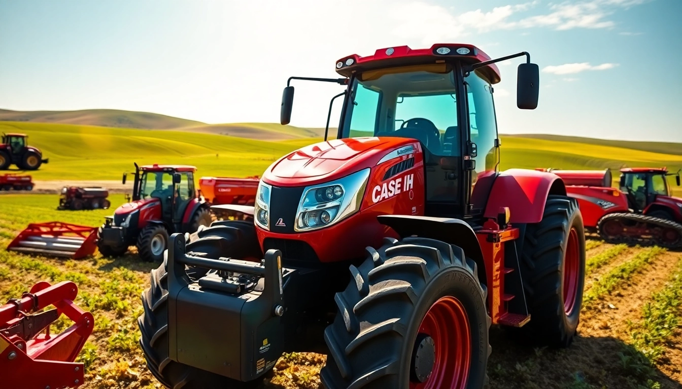 Case-ih landwirtschaftliche Maschinen in einem lebhaften Bauernhof-Umfeld präsentieren.