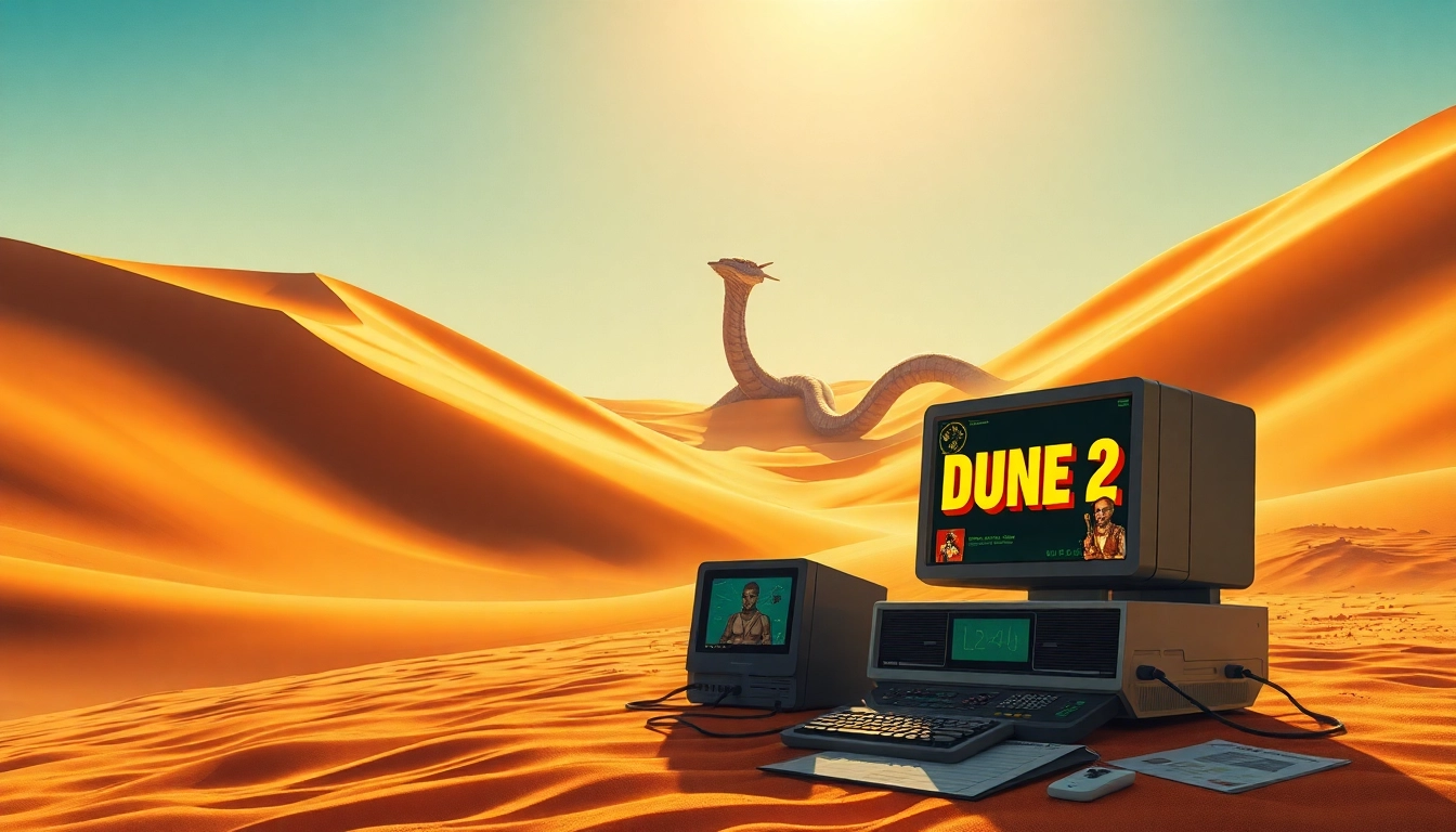 Engaging Dune 2 download scene with vintage gaming setup and iconic sandworm.
