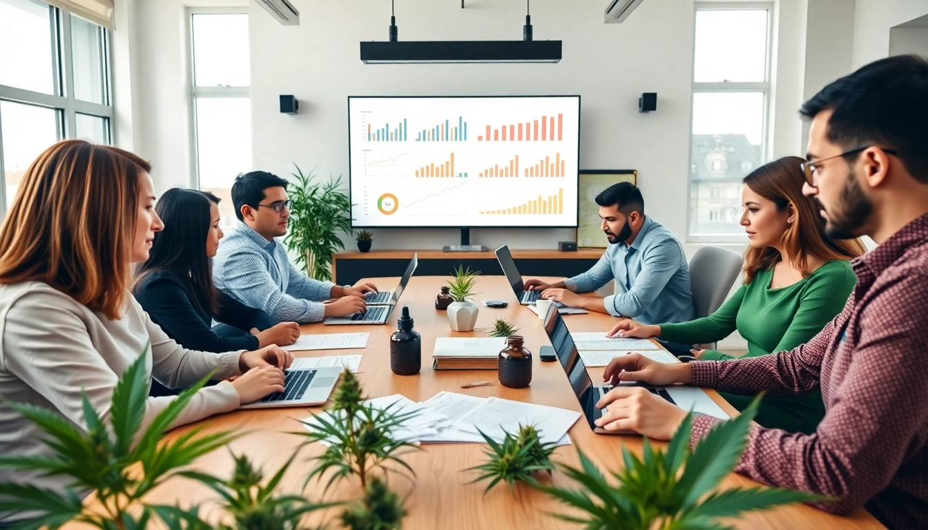 Engaged professionals at a cannabis marketing agency brainstorming innovative strategies.