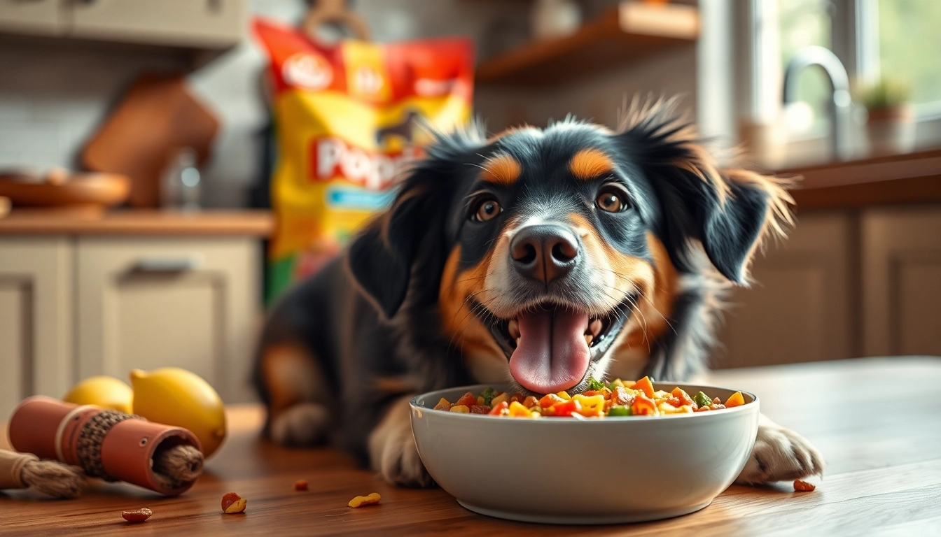 A dog eating dr marty pet food canada in a cozy kitchen, showcasing vibrant colors of nutrition.
