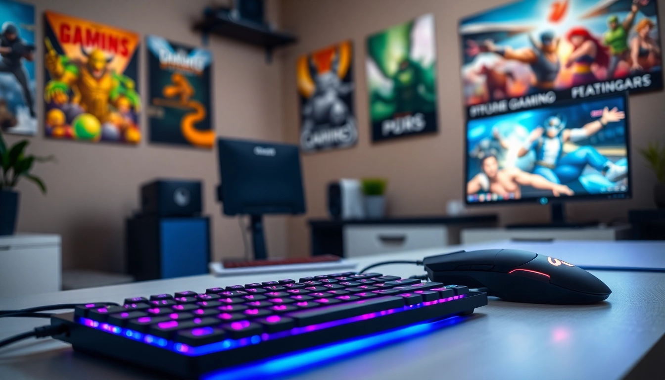 Menampilkan pengalaman game online dengan setup gaming modern yang menarik dan berwarna.