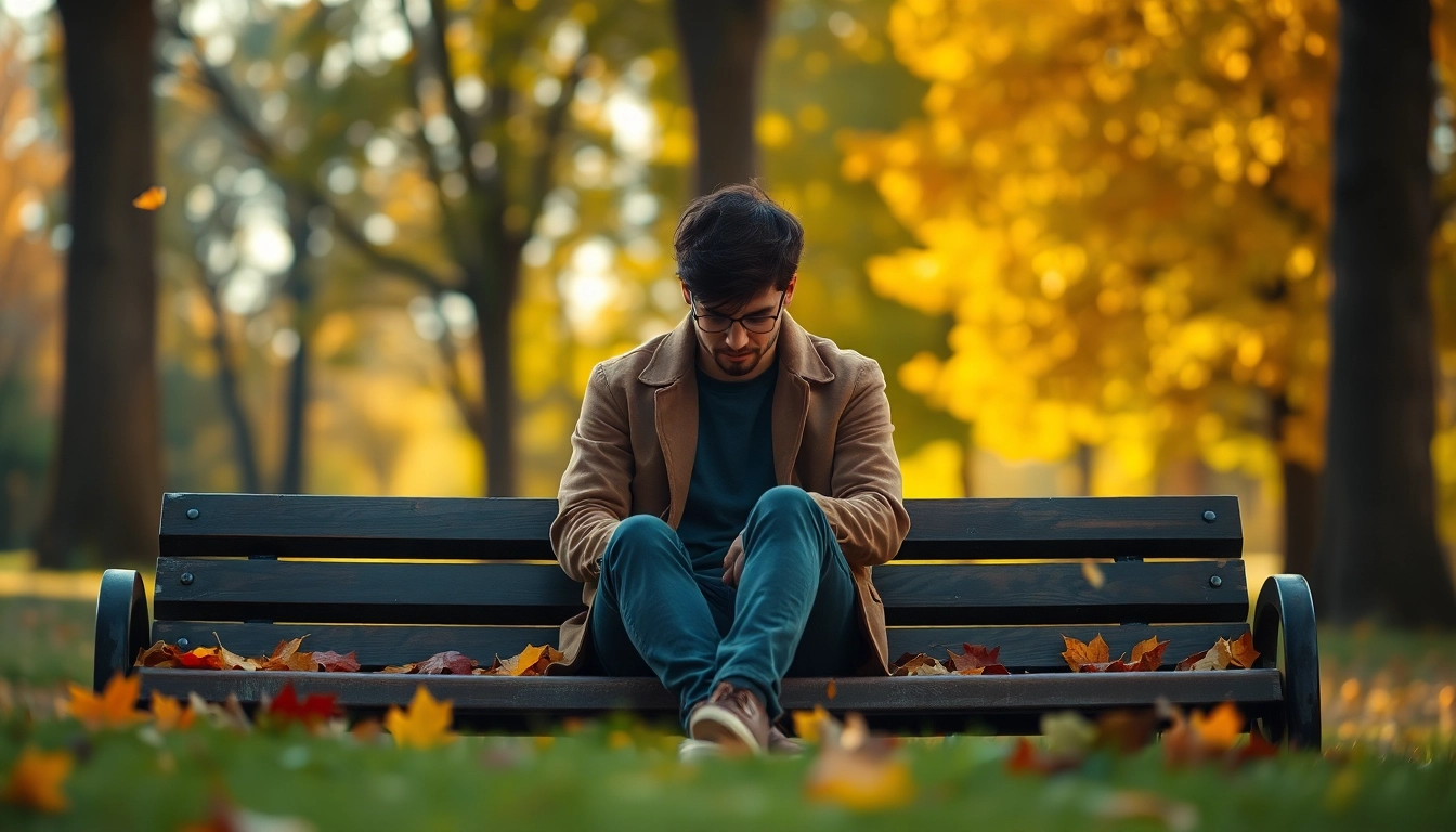 Heartbroken person reflecting on a relationship breakup amidst autumn leaves.