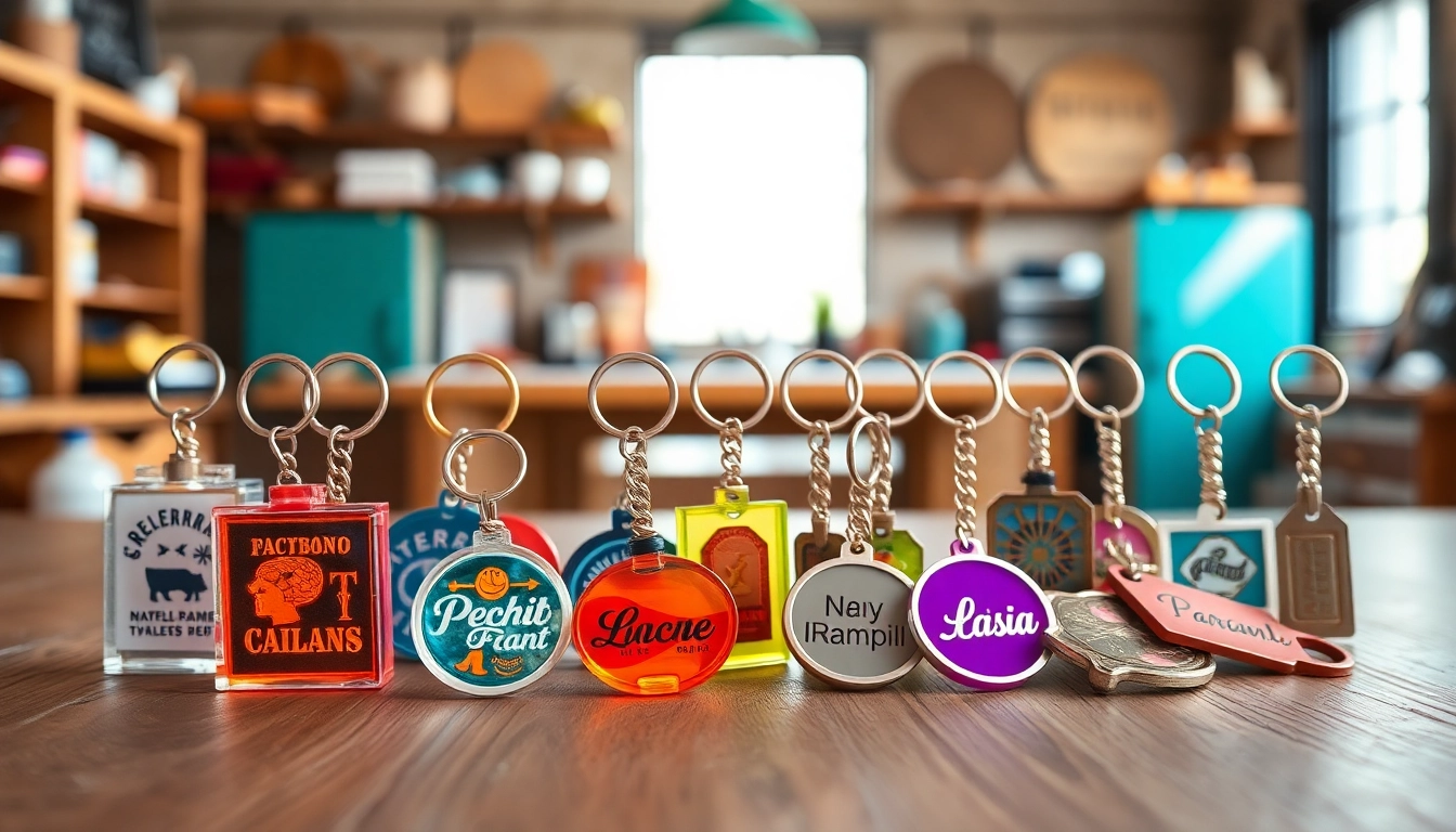 Showcase customized keychain designs featuring unique colors and logos on a textured surface.