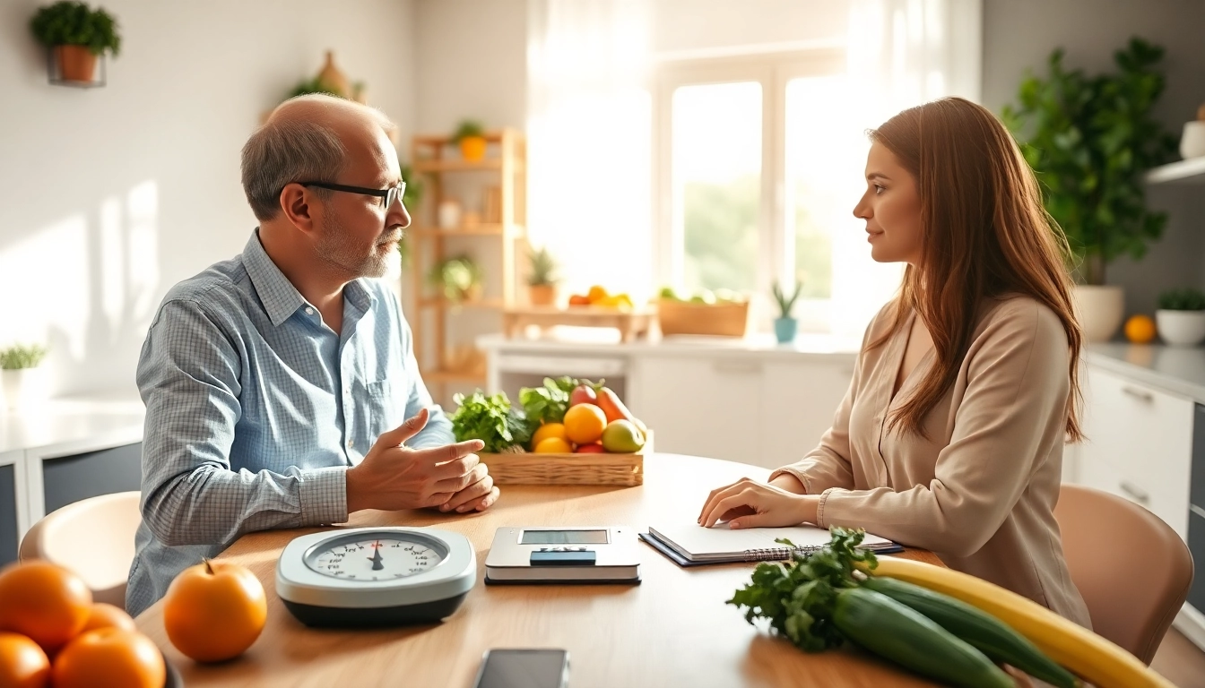 Client discussing Weight Loss goals with a nutritionist in a vibrant office.