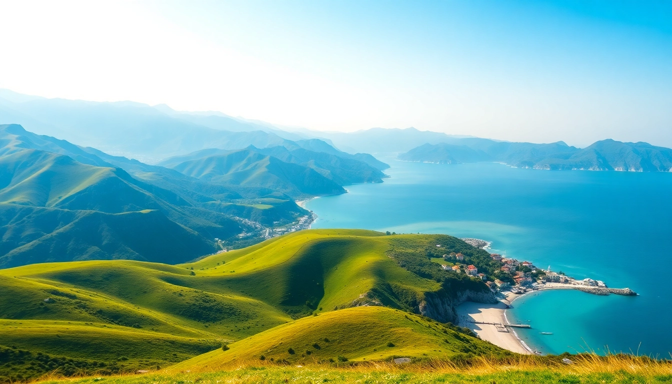 Një peizazh mahnitës i Shqipërisë, që tregon bukuritë natyrore ne shqiperi me male dhe plazhe.