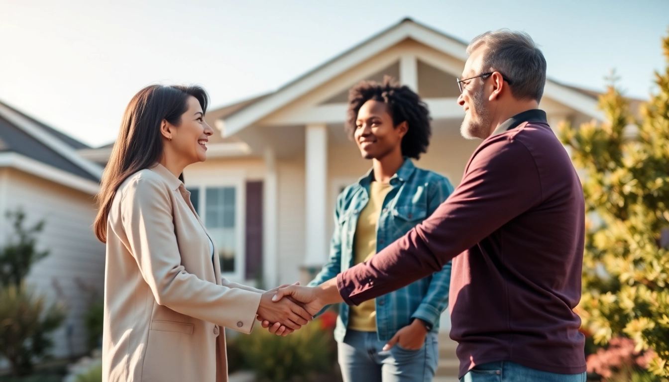 Engaging scene with a real estate agent helping a couple buy my property fast outside a beautiful home.