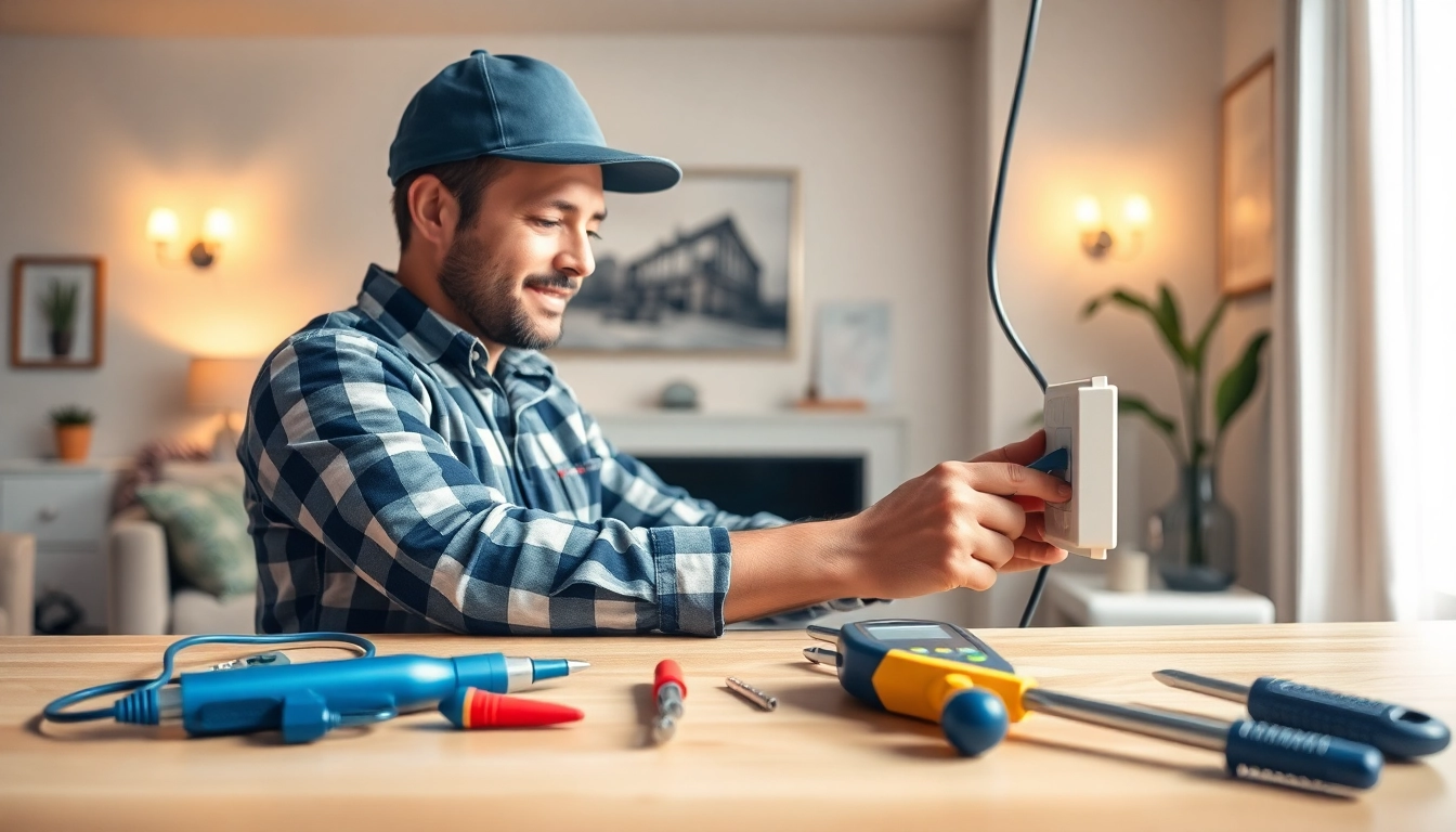 Electrician performing an electrical service installation in a residential setting with tools displayed.
