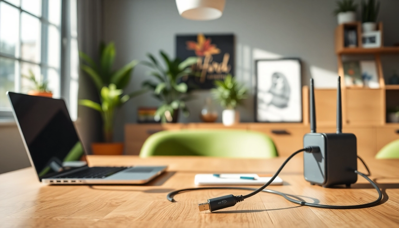 Install a starlink mini 12v cable in a modern office with sleek decor.