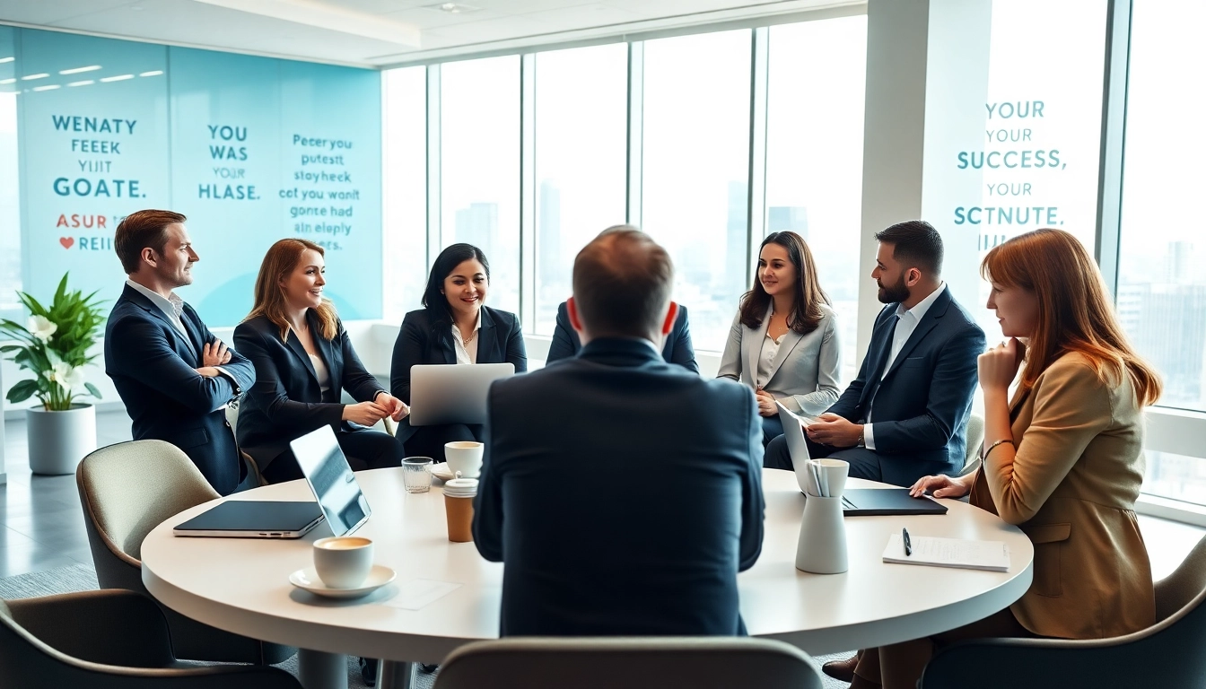 Engaging business coaching service workshop with diverse professionals collaborating in a bright office.
