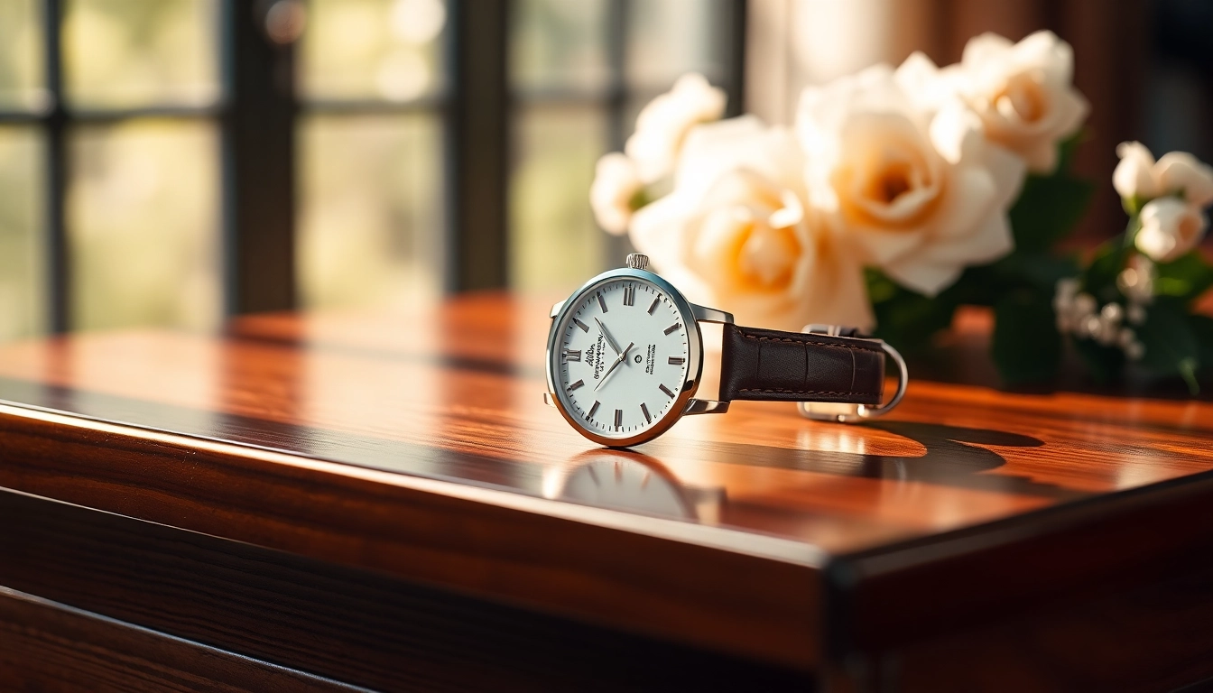 Feminine Damen Armbanduhr auf einem eleganten Holztablett präsentiert.
