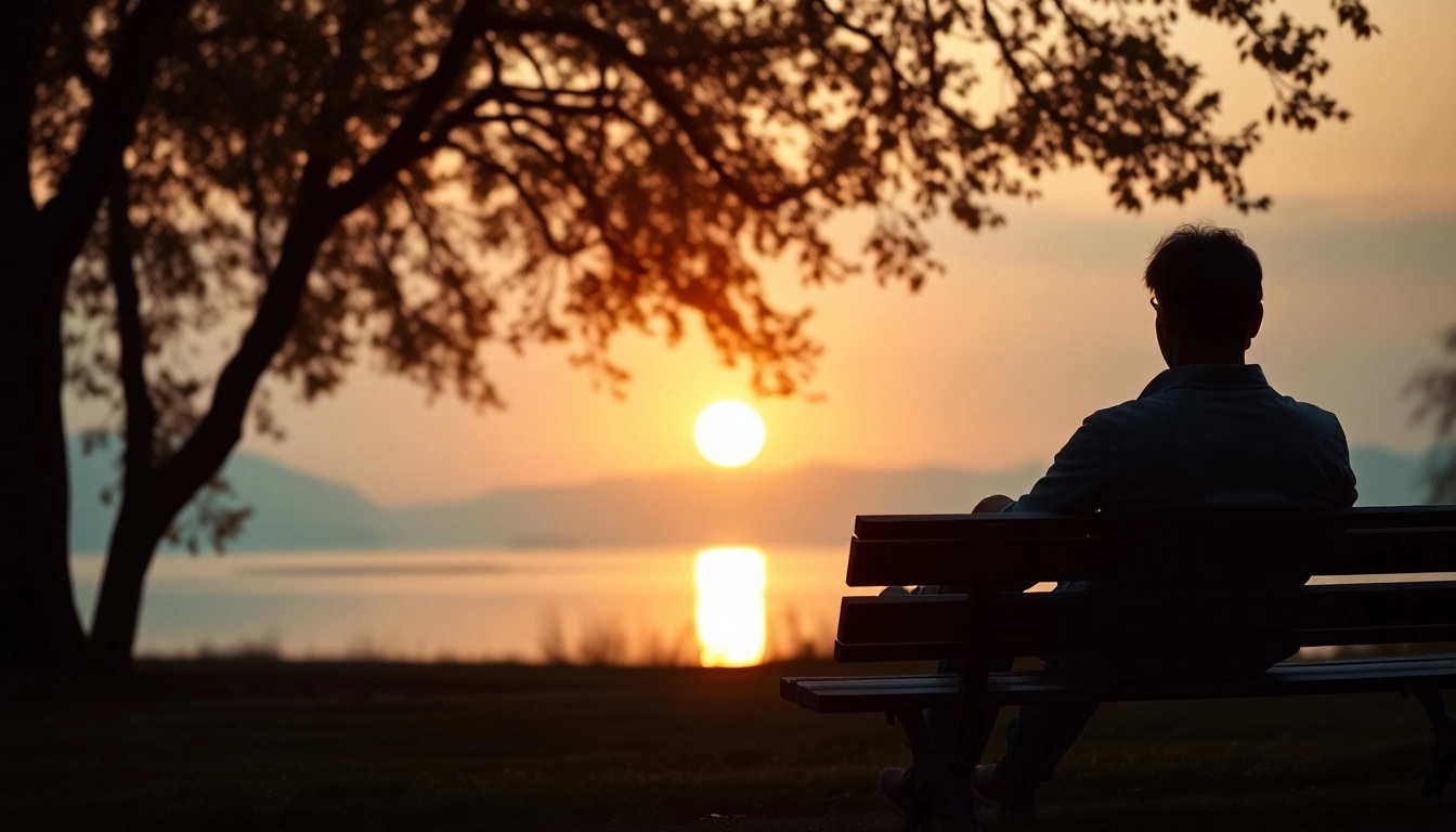 Person dealing with grief on a bench by a serene lake, evoking reflection and healing.