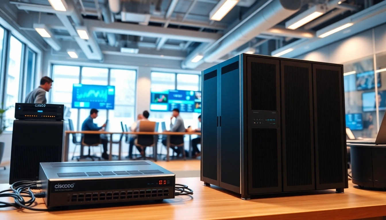 Cisco networking technology setup with advanced equipment in a modern office space.