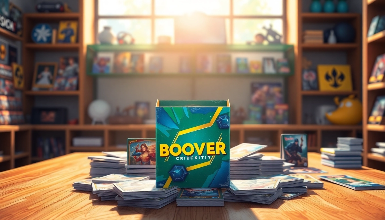 Showcasing a booster box with colorful trading cards on a gaming table, inviting excitement and play.