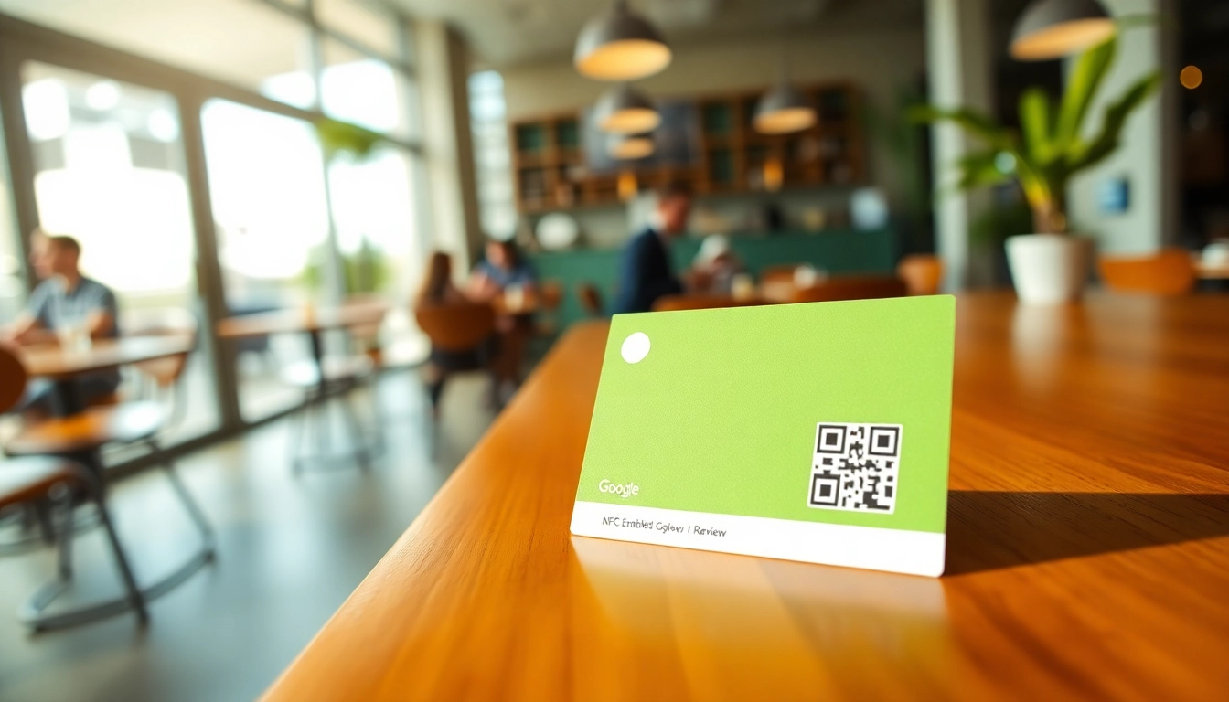 Promote reviewcardsgoogle with a stylish NFC-enabled card on a wooden table.