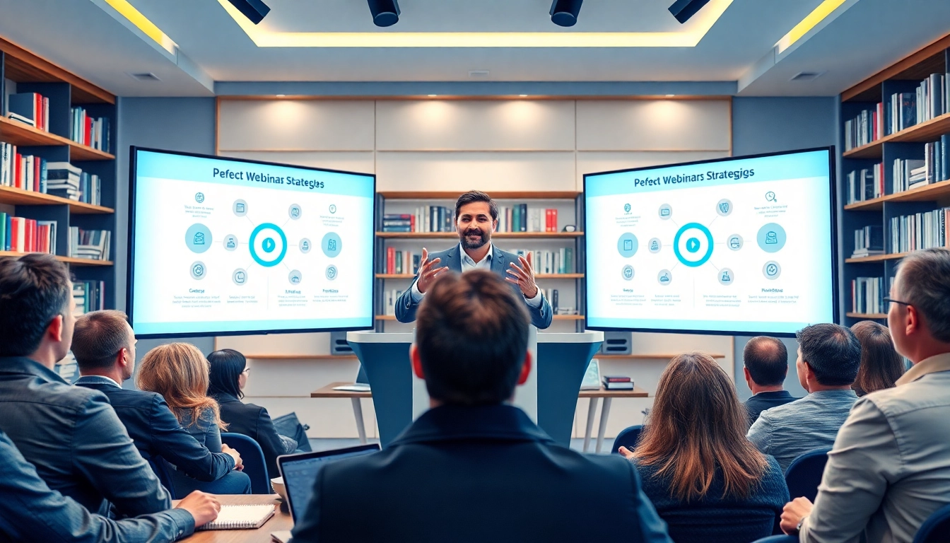Engaging Perfect Webinar host presenting to a virtual audience in a modern studio.