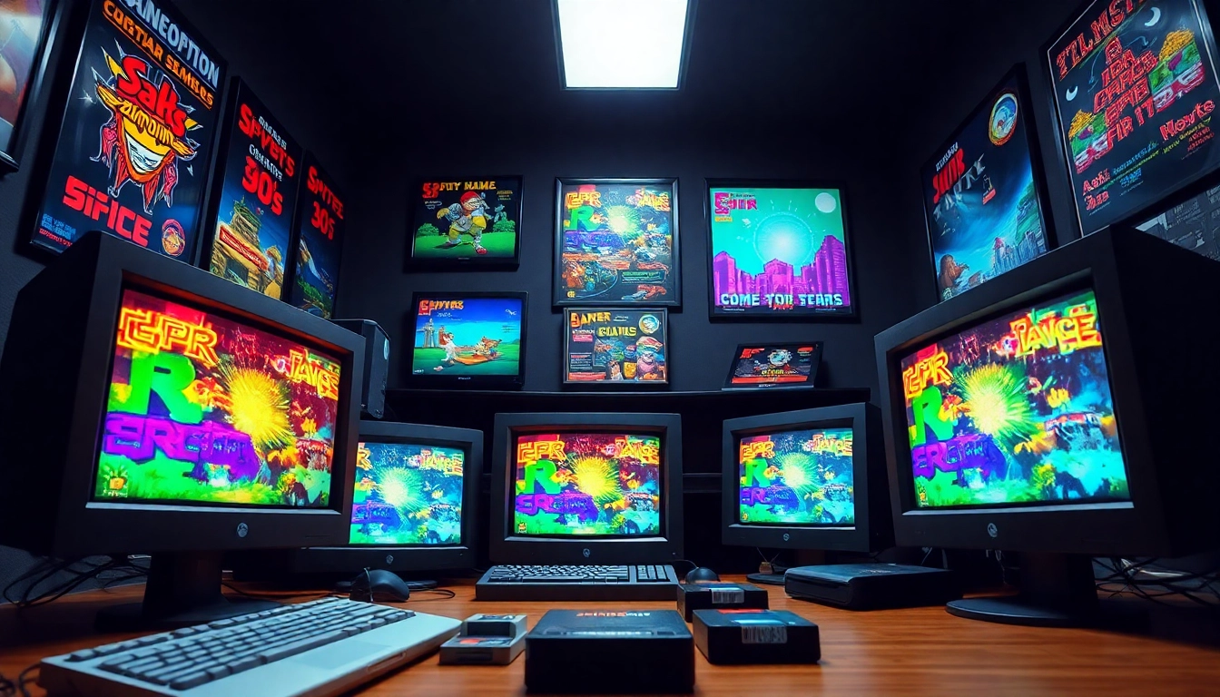 Explore dos games download on vintage computer monitors with colorful pixel art.
