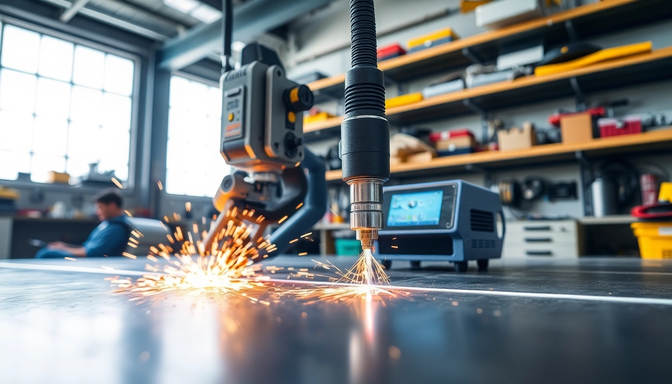 Laser cleaning machine effectively removing debris from metal surfaces in a modern workshop.
