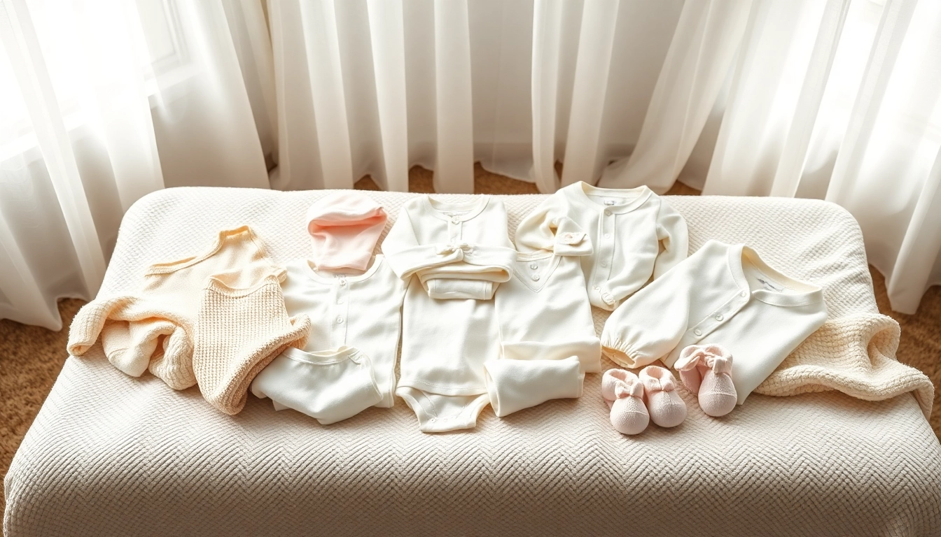 Showcasing adorable newborn baby clothes on a cozy blanket in a nursery, designed for comfort.